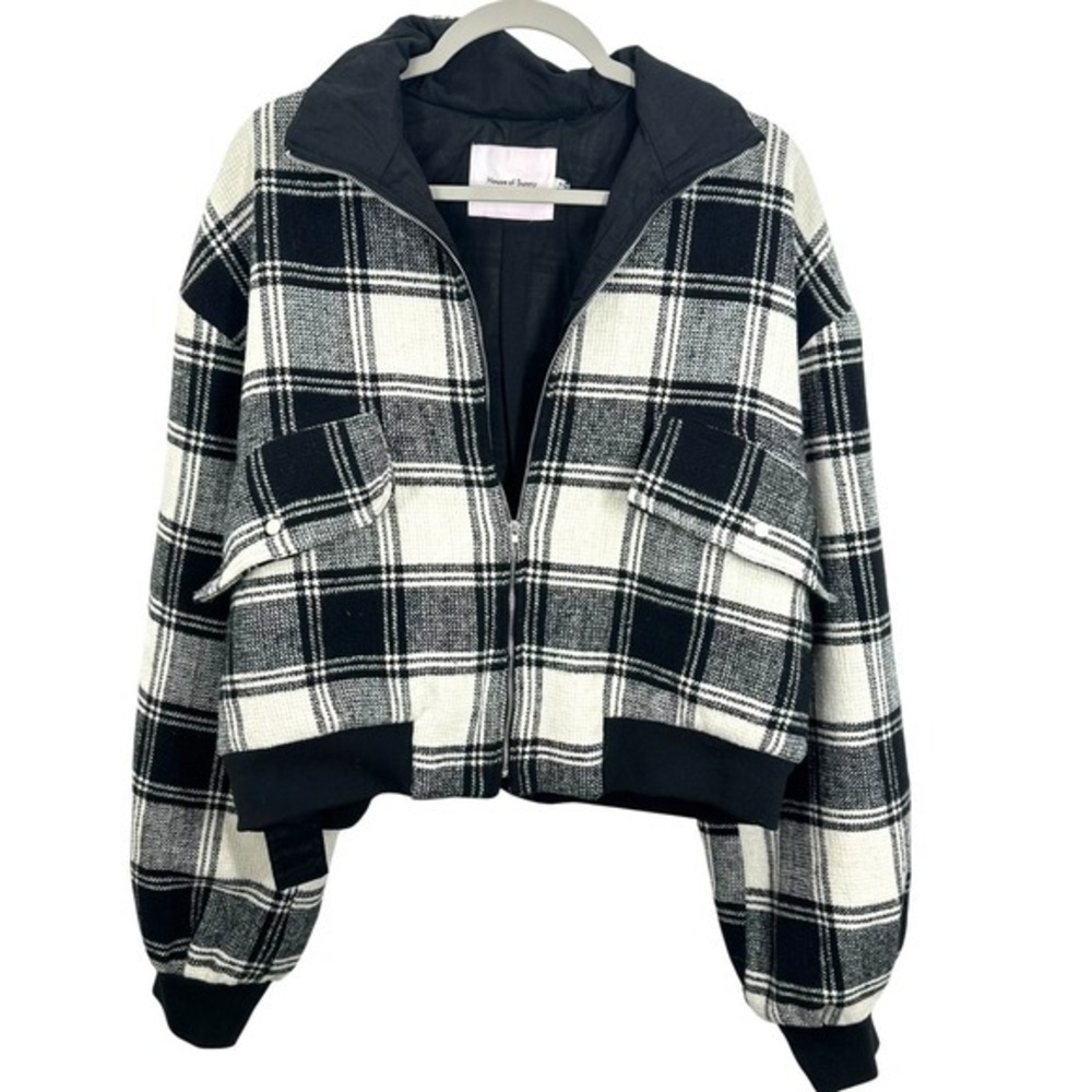 House of Sunny Plaid Cropped‎ Bomber Jacket Womens Size 6 Black White